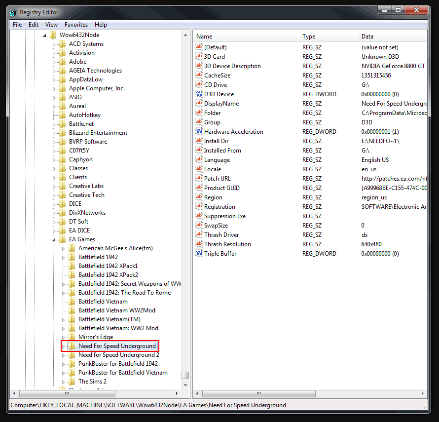 Need for Speed Underground registry key