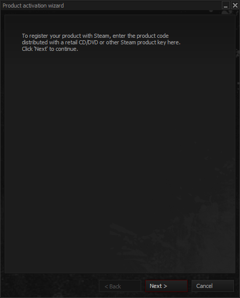 Steam Product activation wizard Step 1