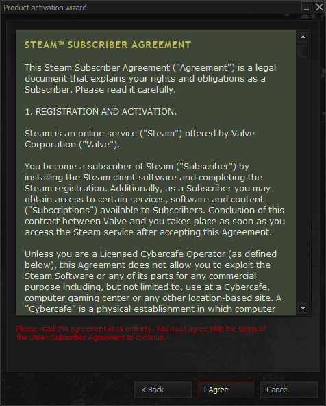 Steam Product activation wizard Step 2